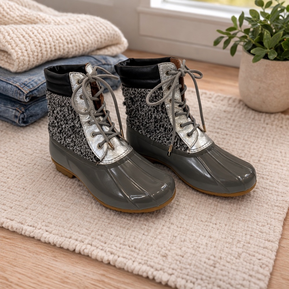 Sam Edelman Gray Duck Boots Tweed & Metallic Lace Up Rain Boots